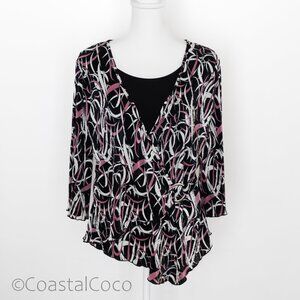 Y2K Asymmetrical Wrap Blouse M Ribbed Gold Ring USA Office Career Church Preppy